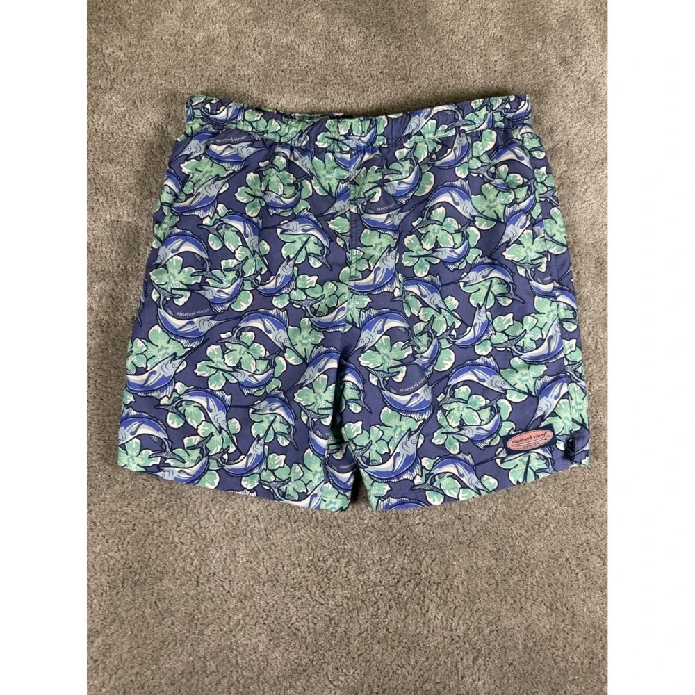 Vineyard Vines Mens Swordfish Hibiscus Swim Trunks Blue Green Small